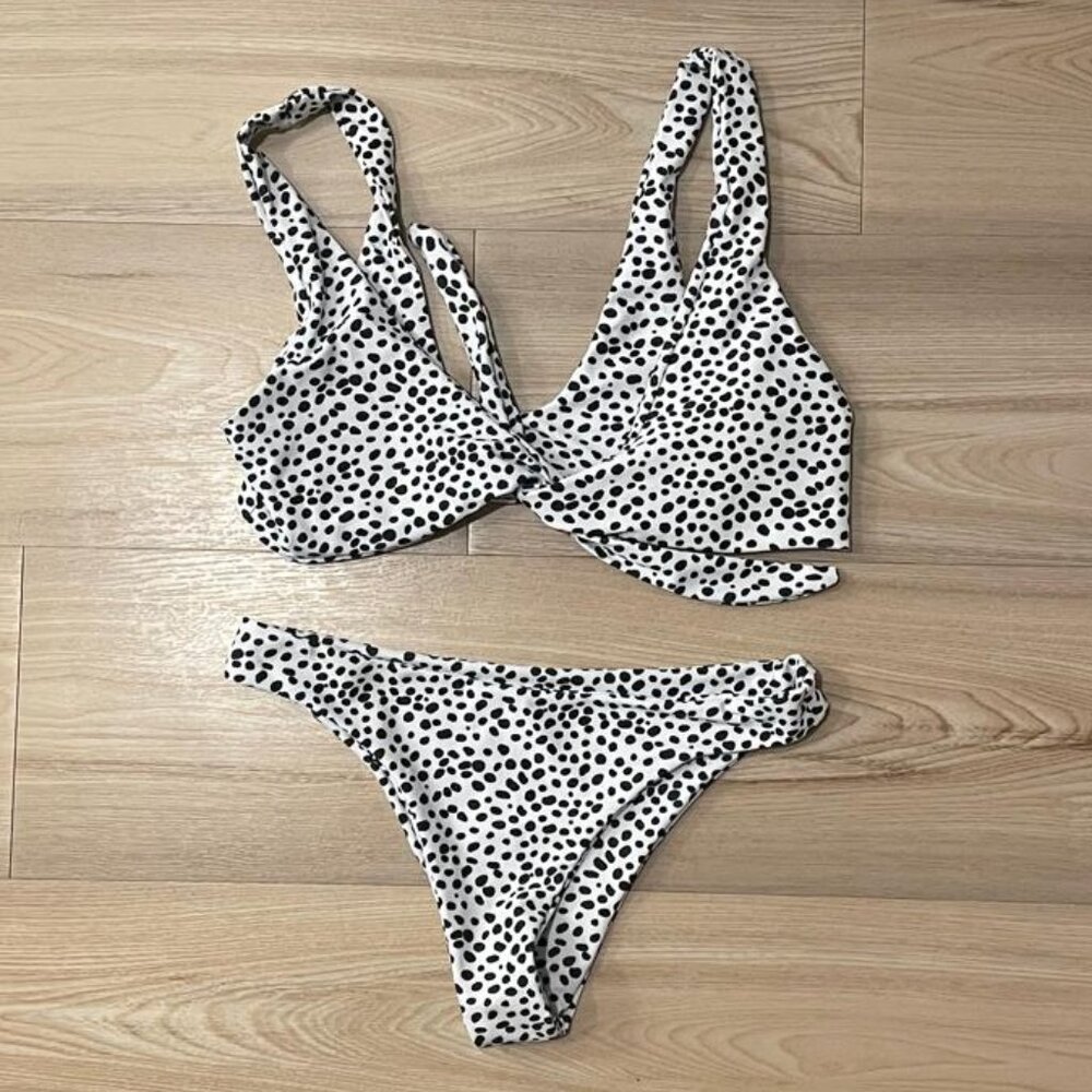 Knot Front Dot Print Bikini Set White Shein Size Small
